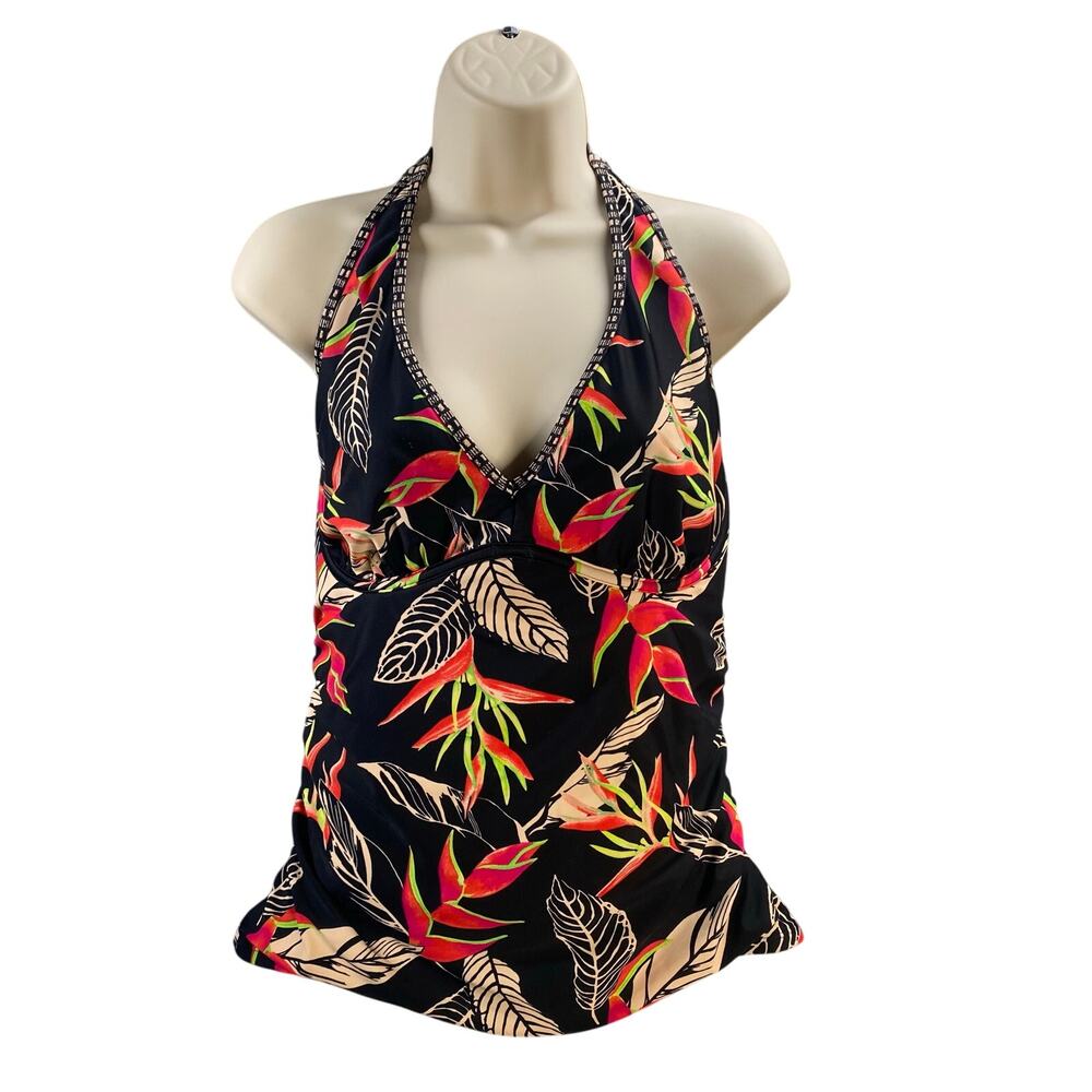 Athleta Black Halter One-Piece Swimsuit with Red & Cream Tropical Leaves